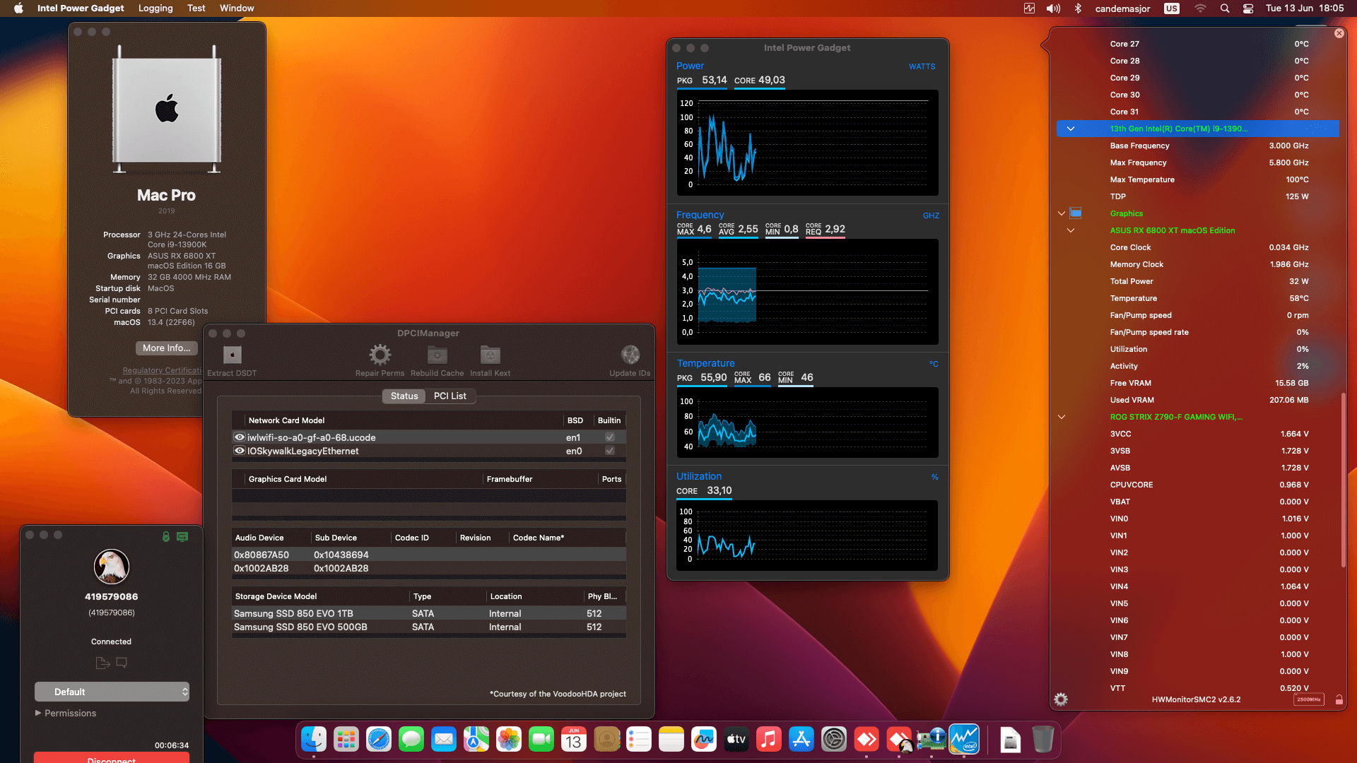 Success Hackintosh macOS Ventura 13.4 Build 22F66 in Asus ROG Strix Z790-F Gaming Wifi + Intel Core i9 13900K + Asus RX 6800 XT